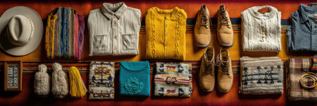 Colorful regional clothing and fashion items from Latin America are arranged neatly, highlighting the rich textures and styles of the culture and craft.の素材
