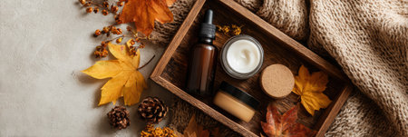 Skincare products are elegantly arranged on a wooden tray in soft autumn light, accompanied by scattered leaves and natural textures for a serene settingの素材