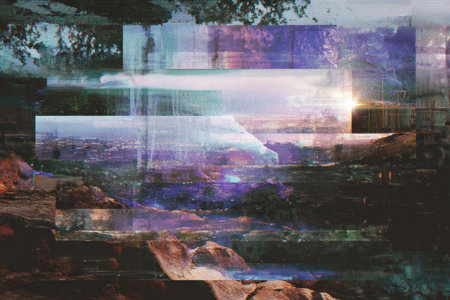 A split screen shows a tranquil landscape with glitch effects on one side and a clear serene view on the other, capturing twilight hours and natures beauty.の素材