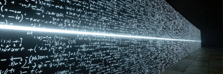 A wall filled with bracket predictions shows a glowing line that continues into an empty space above, representing analysis and forecasting in progress.の素材