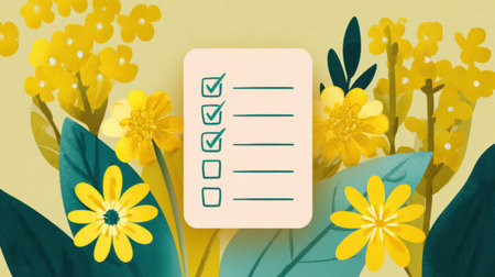 Infographic showcases a checklist with checkmark layout, surrounded by bright flowers and green leaves, encouraging participation in weekly self-care practices.の素材