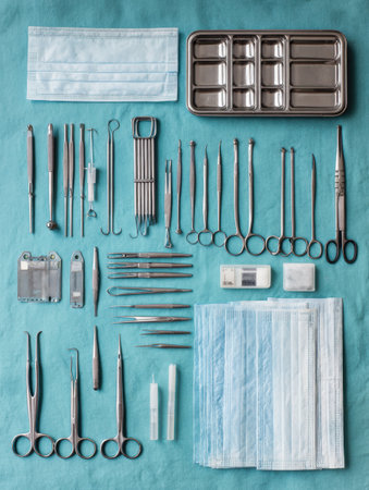 Tools used for vision correction surgery are carefully laid out on a sterile table to ensure an organized and efficient workflow during the procedure.の素材