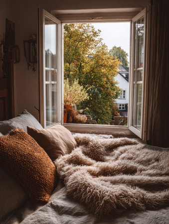 A warm modern room features a cozy blanket on the bed with an open window revealing lush greenery and a charming house in the background.の素材