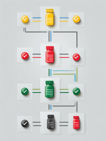 Color-coded bottles represent different treatment options in a decision-making chart, guiding patients through various choices and pathways available.の素材