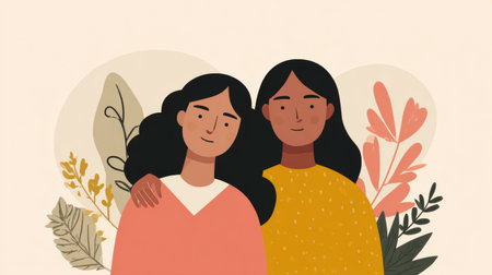 Two friends stand together, offering support during a treatment journey, surrounded by soft plants and pastel colors, representing care and compassion.の素材
