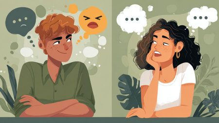 Two people illustrate the contrast between reacting impulsively with frustration and responding thoughtfully in a conversation about feelings and emotions.の素材