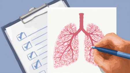 A clear visual representation of how to prepare for lung screening, featuring a checklist and a hand drawing lung anatomy details with a pen.の素材