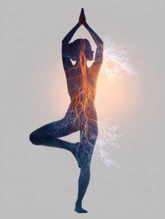 Silhouette of a person in a yoga pose with a detailed nervous system overlay, emphasizing the connection between mind and body during meditation practices.の素材