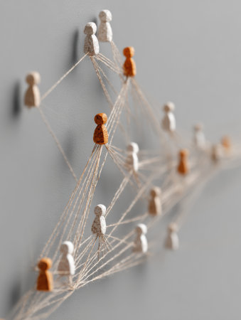 A visual lifeline made of string links various people icons, representing connections and relationships among individuals in a simple yet impactful design.の素材