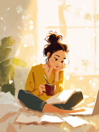 A person reflecting on gratitude with a warm drink in hand, surrounded by a cozy setting, while engaging in mindful journaling.の素材