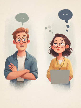 Two individuals illustrate contrasting approaches to communication, with one displaying a positive reaction and the other contemplating a thoughtful response.の素材