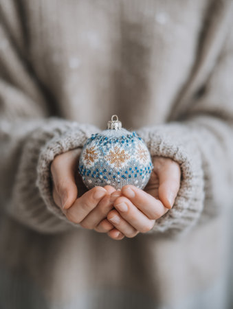A person gently holds a decorative holiday ornament, symbolizing the importance of emotional well-being and self-care during festive seasons.の素材