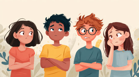 Illustrative guide highlighting children showing signs of distress and discomfort social, aimed at aiding adults in understanding bullying dynamics.の素材