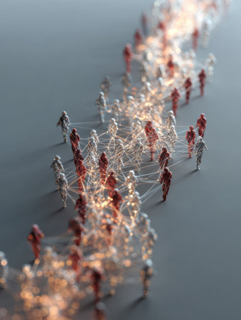A vibrant display of interconnected people icons made from string, symbolizing relationships and networks among individuals navigating together in unity.の素材