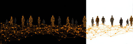 A conceptual representation shows a visual lifeline made of string linking various people icons, illustrating the connections and relationships among them.の素材