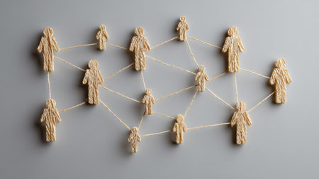 A visual representation shows string lines connecting various people icons, illustrating their relationships and interactions within a network.の素材