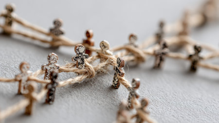 A network of string links various human icons, symbolizing connectivity, collaboration, and the importance of community in an abstract setting.の素材