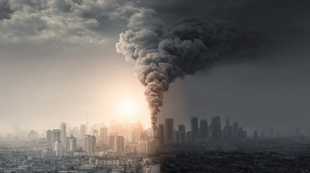 Visual representation contrasts a clear, pollution-free environment with a polluted urban setting, showing the effects of air quality on daily life.の素材