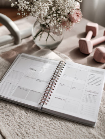 Elegant workout planner with motivational quotes invites users to track their fitness goals and activities, perfect for an inspiring workout space.の素材
