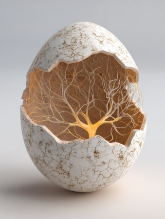A cracked egg showcases delicate nerves within, representing the complexities of stress overload and the emotional challenges faced in everyday life.の素材