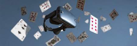 A virtual reality headset hovers in the air as playing cards float around it, creating a dynamic and engaging atmosphere for gaming enthusiasts.の素材