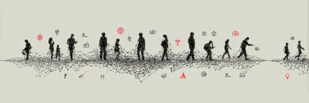 String-formed lifeline connects various people icons, showing the network of interactions, relationships, and engagement among them in a digital world.の素材