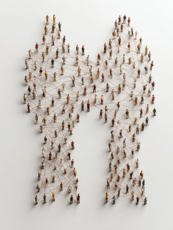 Strings weave through people icons, illustrating a complex network of connections that symbolize unity and collaboration among various individuals.の素材