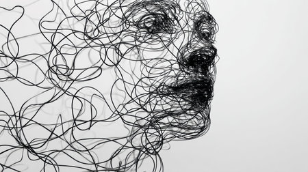 A visualization of thoughts is depicted as tangled lines that gradually transition into calm, orderly shapes, symbolizing mental clarity and peace.の素材