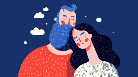 A couple embraces peacefully against a dark blue background, highlighting the positive effects of gratitude on emotional well-being, relationships, and sleep.の素材