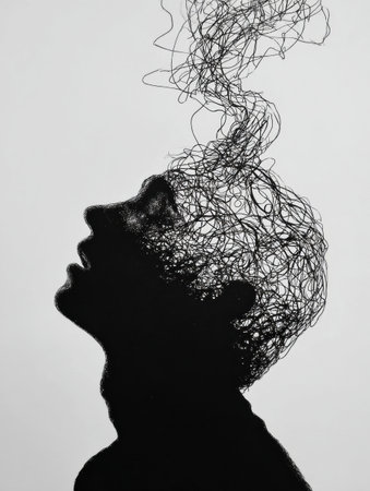 A black silhouette of a persons profile shows tangled lines emerging from the head, symbolizing the transition from chaos to tranquility in thoughtsの素材