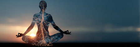 Silhouette of a person in a yoga pose showing an artistic overlay of the nervous system against a sunset sky, representing inner peace and body awareness.の素材