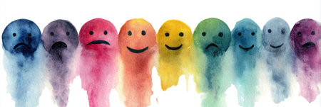 A soft watercolor chart displays emotions from numbness to hope with vibrant shapes across the spectrum.の素材