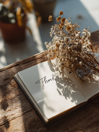 A gratitude journal sits open on a wooden table, illuminated by soft light, with dried flowers nearby, inviting moments of reflection and appreciation.の素材