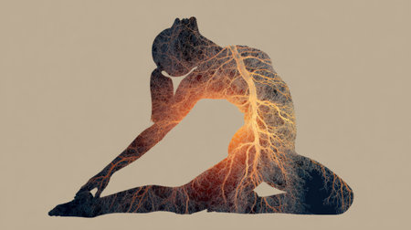 A yoga pose silhouette is enhanced by a nervous system design, showing the harmony between physical movement and mental awareness in a tranquil setting.の素材