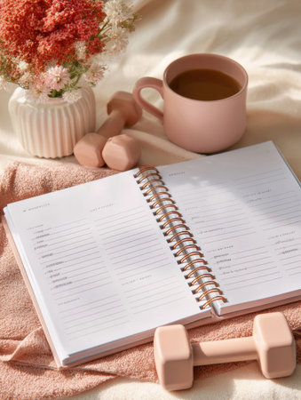 A workout planner layout showcases motivational quotes, light dumbbells, a warm beverage, and a decorative flower arrangement in a serene setting.の素材