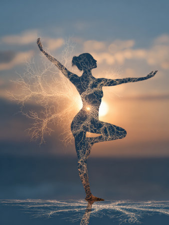Silhouette of a person in a yoga pose with a nervous system overlay, highlighting the bodys energy flow against a stunning sunset background by the sea.の素材
