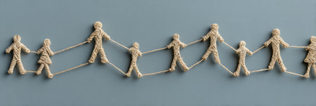 A representation of connection among diverse individuals illustrated with string figures holding hands, symbolizing unity and community bonds.の素材