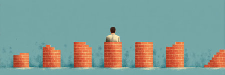 A person sits behind a barrier made of brick-like structures representing deadlines, feeling isolated but facing an open sky above, symbolizing hope.の素材