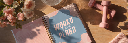 A workout planner lies open on a wooden table alongside pink dumbbells and a towel, framed by flowers, encouraging active lifestyles with motivational quotes.の素材