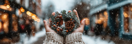 Holding a festive wreath surrounded by a winter wonderland, this visual captures the essence of maintaining emotional balance during the holiday season.の素材