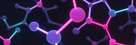 Vibrant atomic habits art features interconnected molecules in neon colors, perfect for diverse modern design uses.の素材
