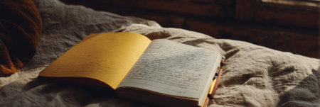 Open journal on a bed shows handwritten entries dedicated to emotional release, illuminated by soft evening light filtering through a window.の素材