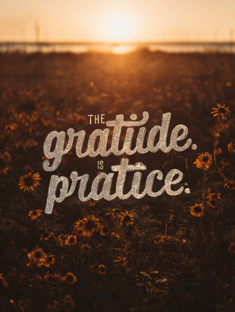 A serene sunrise fills the sky with warm tones as it illuminates a peaceful field filled with wildflowers and inspiring typography celebrating gratitude.の素材