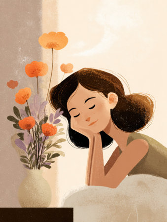 A young woman sits peacefully with her head resting on her hand, surrounded by vibrant flowers, reflecting on the benefits of gratitude for well-being.の素材