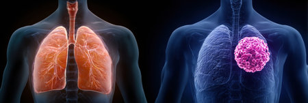 Detailed visual representation showcases the contrast between healthy lung tissue and cancerous lung tissue, emphasizing critical health implications.の素材