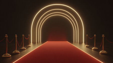 Luxurious venue entrance features a golden ambiance and a rich red carpet, inviting guests into an elite atmosphere filled with excitement at night.の素材