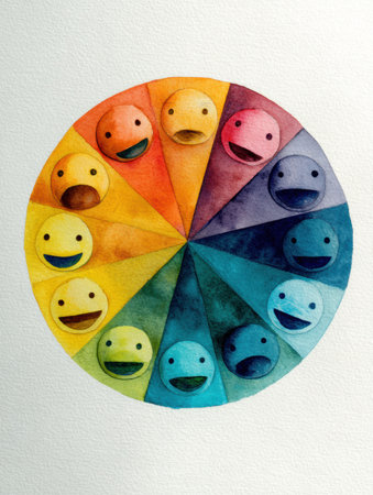 A colorful chart represents the spectrum of human emotions, transitioning from numbness to hope, featuring cheerful faces in vibrant watercolor tones.の素材