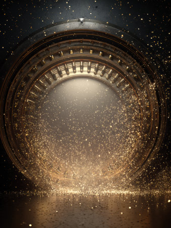 The vault reveals its contents as glowing golden particles burst forth, illuminating the surroundings with a captivating light and mysterious allure.の素材