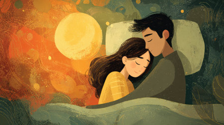 Couple embraces in a cozy bed, illustrating the calming effects of gratitude on sleep, relationships, and stress management during nighttime.の素材