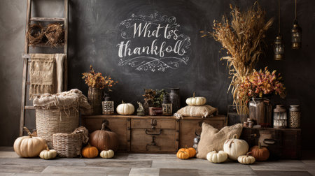 Decorative chalkboard featuring the phrase what we are thankful for surrounded by rustic autumn elements like pumpkins, dried flowers, and baskets.の素材
